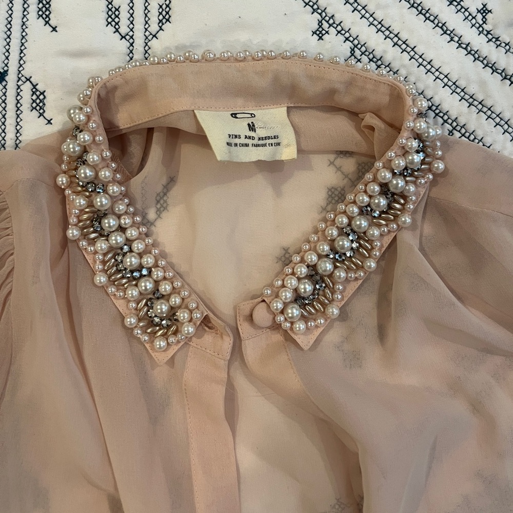 Beautiful sheer Urban Outfitters valentine light pink pearl beaded collar blouse